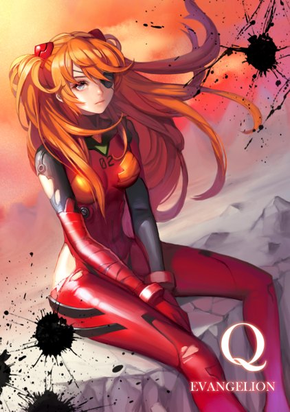 Anime picture 2079x2953 with neon genesis evangelion gainax soryu asuka langley ask (dreaming cat) single long hair tall image looking at viewer highres blue eyes sitting twintails orange hair inscription two side up rock girl eyepatch pilot suit ink