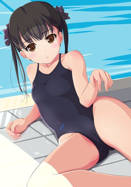 Anime picture 800x1142 with original matsunaga kouyou single long hair tall image looking at viewer light erotic black hair twintails brown eyes girl bow swimsuit hair bow one-piece swimsuit school swimsuit