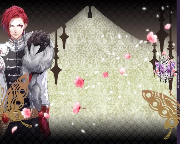 Anime picture 1280x1024 with reine des fleurs idea factory ghislain (reine des fleurs) usuba kagerou single looking at viewer red eyes standing game cg red hair inscription official art tattoo wallpaper hieroglyph boy flower (flowers) petals fur insect