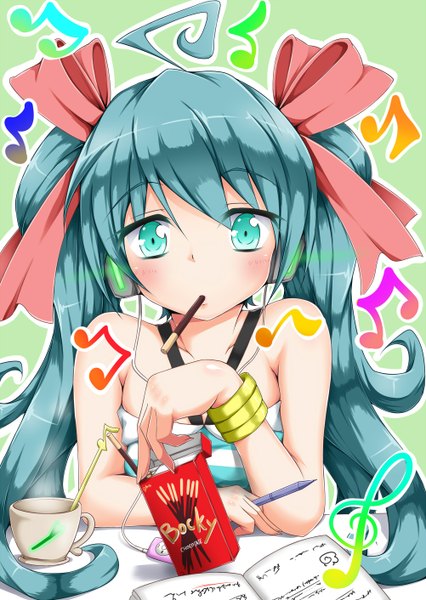 Anime picture 1002x1412 with vocaloid hatsune miku yopparai oni single tall image looking at viewer twintails very long hair aqua eyes aqua hair girl ribbon (ribbons) hair ribbon bracelet sweets headphones musical note pocky