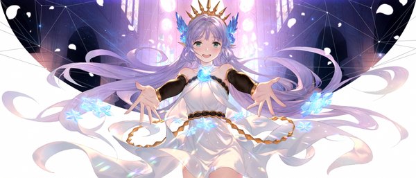 Anime picture 2200x943 with granblue fantasy lily (granblue fantasy) yijian ma single long hair looking at viewer blush fringe highres open mouth smile wide image standing bare shoulders purple hair indoors :d aqua eyes pointy ears floating hair