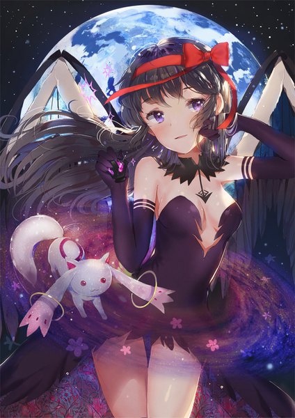 Anime picture 900x1273 with mahou shoujo madoka magica shaft (studio) akemi homura kyuubee akuma homura dangmill long hair tall image blush fringe breasts light erotic black hair standing purple eyes bare shoulders holding looking away cleavage parted lips