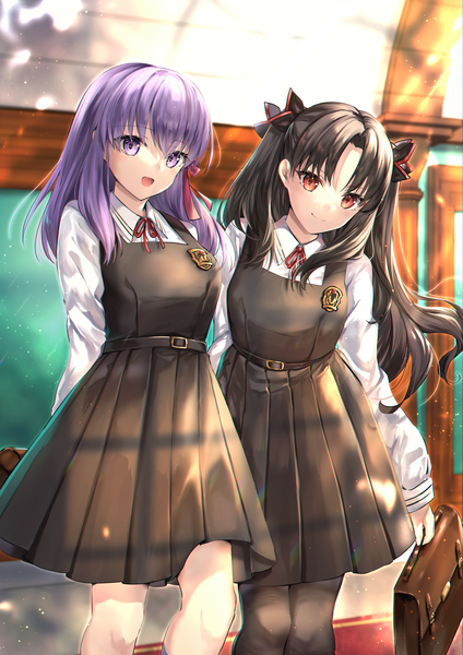 Anime picture 2481x3508 with fate (series) fate/grand order fate/stay night toosaka rin matou sakura ishtar (fate) space ishtar (fate) hane yuki long hair tall image looking at viewer highres open mouth black hair smile red eyes purple eyes multiple girls purple hair :d