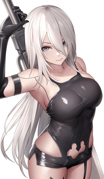 Anime picture 2869x4917 with nier nier:automata yorha type a no. 2 nyatokanyaru single long hair tall image looking at viewer fringe highres breasts blue eyes light erotic simple background hair between eyes standing white background bare shoulders holding silver hair