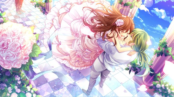 Anime picture 1920x1080 with yuika (yurika712) long hair blush highres open mouth smile brown hair wide image sky cloud (clouds) eyes closed green hair couple hug girl dress boy flower (flowers)