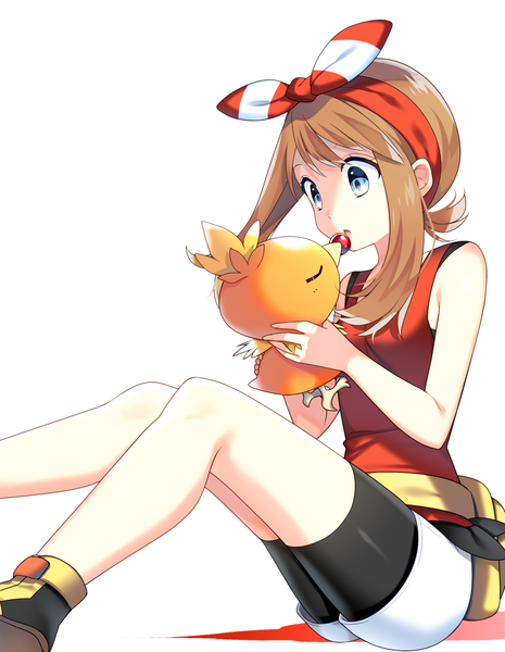 Anime picture 2102x2712 with pokemon pokemon (game) pokemon oras nintendo may (pokemon) torchic yuihiko single tall image highres short hair blue eyes simple background brown hair white background sitting payot shaded face gen 3 pokemon girl