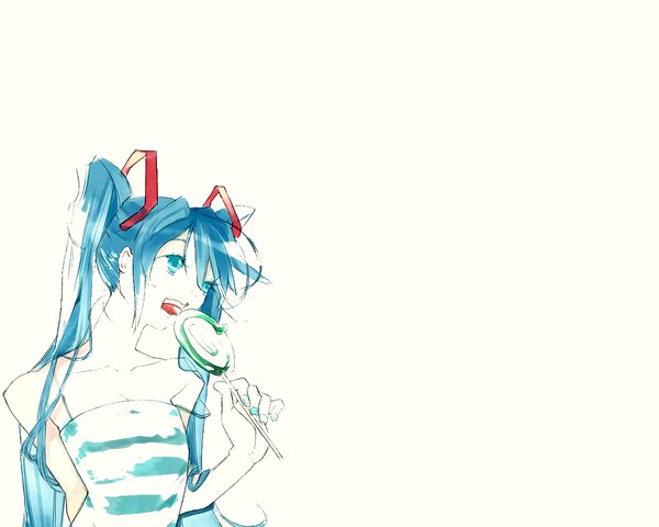 Anime picture 1200x960 with vocaloid hatsune miku long hair simple background white background blue hair aqua eyes aqua hair girl food sweets lollipop