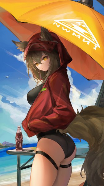 Anime picture 1379x2452 with arknights coca-cola projekt red (arknights) projekt red (light breeze) (arknights) liu liaoliao single long hair tall image looking at viewer fringe breasts light erotic hair between eyes standing animal ears yellow eyes sky cloud (clouds) outdoors ass