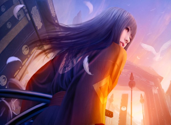 Anime picture 1280x935 with legend of the five rings shiba iaimiko mario wibisono (raynkazuya) long hair black hair brown eyes sky cloud (clouds) japanese clothes looking back lips sunlight realistic from below girl weapon animal sword belt kimono