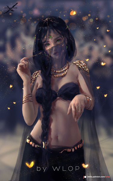 Anime picture 1125x1800 with ghost blade aeolian wlop single long hair tall image looking at viewer fringe breasts black hair standing green eyes signed cleavage braid (braids) traditional clothes depth of field copyright name single braid freckles