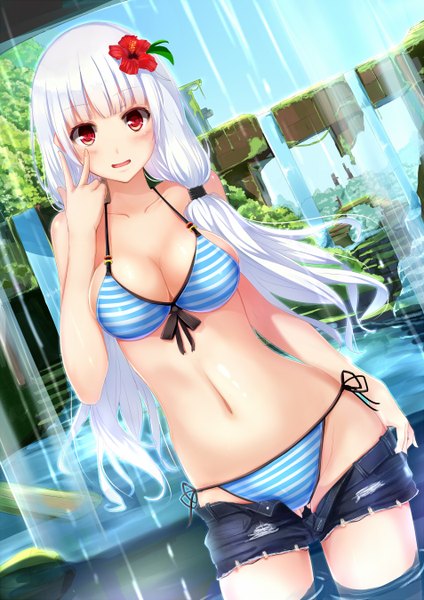 Anime picture 954x1350 with original kero (tomoki-tiger) single long hair tall image looking at viewer blush breasts light erotic red eyes twintails cleavage white hair hair flower bare belly low twintails girl navel hair ornament underwear