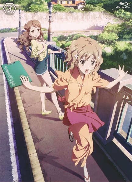 Anime picture 1556x2156 with hanasaku iroha p.a. works matsumae ohana wakura yuina long hair tall image short hair open mouth brown hair multiple girls brown eyes scan official art drill hair girl 2 girls apron