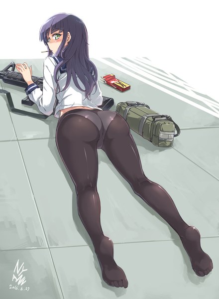 Anime picture 900x1226 with original nyan (themare) single long hair tall image blush fringe light erotic green eyes signed purple hair full body ass lying looking back dated girl uniform underwear panties