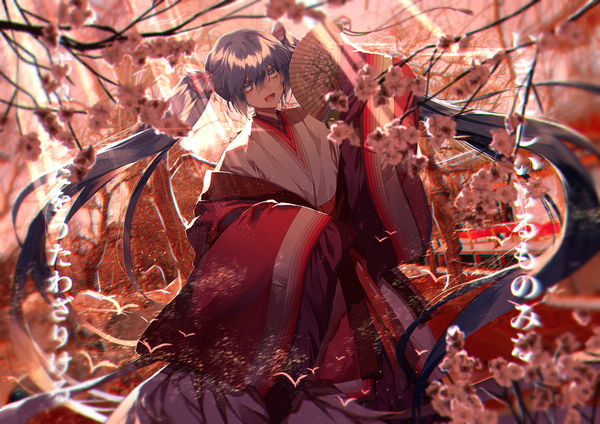 Anime picture 1500x1061 with vocaloid hatsune miku kuga huna single fringe open mouth blue eyes hair between eyes blue hair very long hair traditional clothes :d japanese clothes text cherry blossoms spring girl kimono branch fan