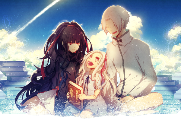 Anime picture 2039x1400 with kagerou project shaft (studio) azami (kagerou project) tsukihiko (kagerou project) kozakura shion mizutama (mao11260510) fringe highres short hair open mouth black hair smile red eyes sitting multiple girls sky silver hair cloud (clouds) ponytail eyes closed