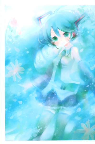 Anime picture 4012x6050 with vocaloid hatsune miku long hair tall image blush highres smile twintails absurdres aqua eyes scan aqua hair blue background girl skirt flower (flowers) detached sleeves miniskirt necktie