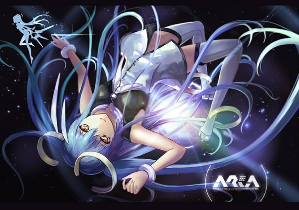 Anime picture 1141x803 with vocaloid hatsune miku wangchuan de quanyan single looking at viewer yellow eyes blue hair very long hair sleeveless girl thighhighs dress white thighhighs