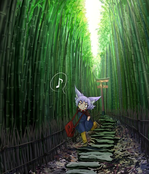 Anime picture 1984x2316 with original noroiken (doitsuken) doitsuken single tall image looking at viewer highres short hair smile red eyes standing purple hair standing on one leg hand in pocket bamboo forest girl dress plant (plants) tree (trees) pants