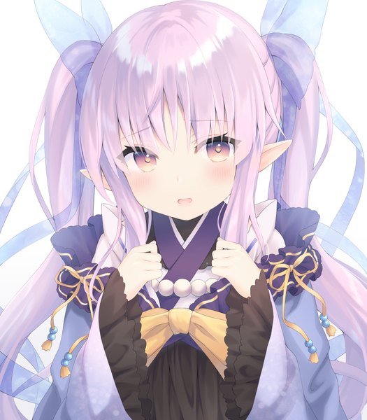 Anime picture 800x914 with princess connect! re:dive princess connect! kyouka (princess connect!) kanora single long hair tall image looking at viewer blush open mouth simple background white background purple eyes twintails purple hair upper body pointy ears girl bow hair bow