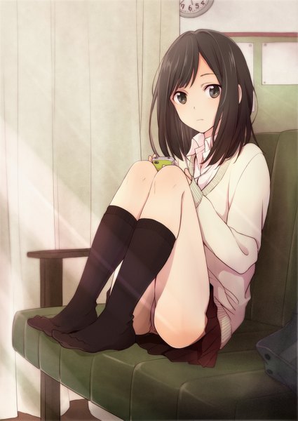 Anime picture 1254x1771 with original teti single tall image looking at viewer short hair light erotic black hair sitting black eyes pantyshot pantyshot sitting girl skirt miniskirt socks black socks