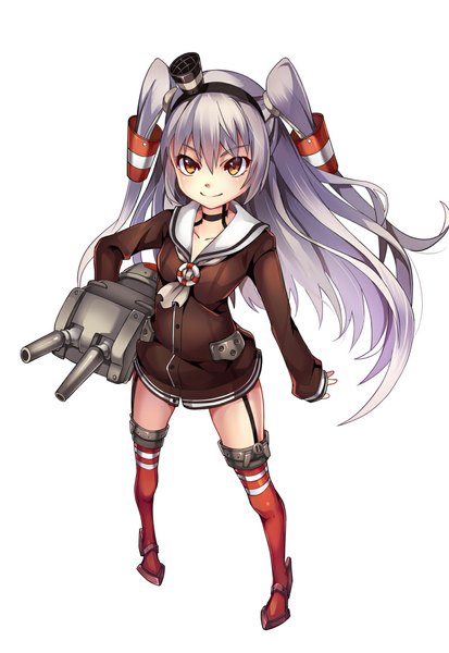 Anime picture 800x1160 with kantai collection amatsukaze destroyer rensouhou-kun huazang single long hair tall image looking at viewer smile white background brown eyes silver hair two side up girl thighhighs weapon hat hair tubes sailor suit mini hat