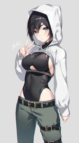 Anime picture 712x1287 with original tokki single tall image looking at viewer blush fringe short hair breasts light erotic black hair simple background hair between eyes large breasts standing signed long sleeves grey background sideboob covered navel