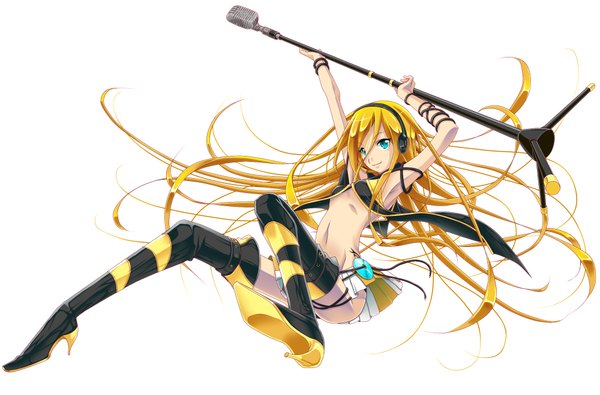 Anime-Bild 2000x1317 mit vocaloid lily (vocaloid) komono2008 single long hair fringe highres light erotic simple background blonde hair smile white background holding aqua eyes no bra midriff flying girl thighhighs skirt