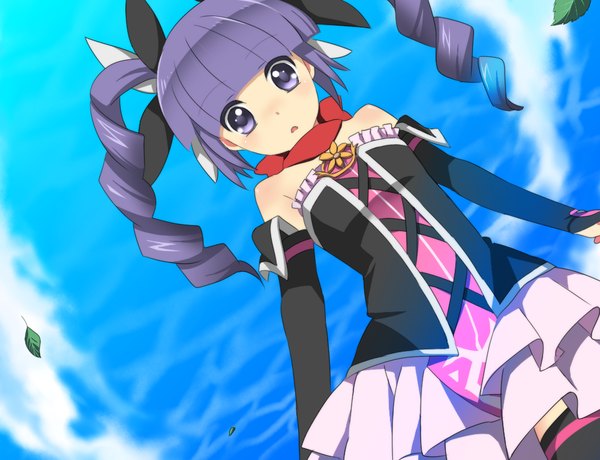 Anime picture 1000x768 with tales of (series) tales of graces sophie (tales) renkon single long hair looking at viewer twintails purple eyes bare shoulders purple hair cloud (clouds) drill hair girl dress leaf (leaves)