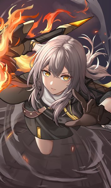 Anime picture 2480x4210 with honkai: star rail honkai (series) trailblazer (honkai: star rail) stelle (honkai: star rail) xiao fei single long hair tall image looking at viewer fringe highres hair between eyes yellow eyes grey hair running girl gloves weapon black gloves flame