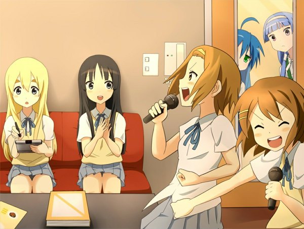 Anime picture 1064x800 with k-on! lucky star kannagi kyoto animation akiyama mio hirasawa yui kotobuki tsumugi tainaka ritsu izumi konata nagi (kannagi) crossover karaoke girl