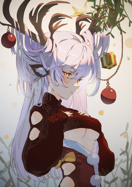 Anime picture 1116x1579 with original mont blanca single long hair tall image looking at viewer blush fringe breasts light erotic hair between eyes yellow eyes silver hair upper body long sleeves profile horn (horns) underboob sleeves past wrists christmas