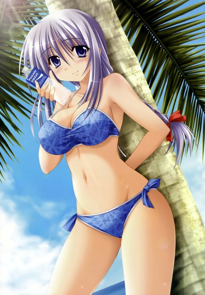 Anime picture 1387x2000 with dengeki hime pocari sweat us@myo tall image blue eyes light erotic purple hair braid (braids) brand name imitation girl swimsuit plant (plants) bikini tree (trees) water bottle palm tree