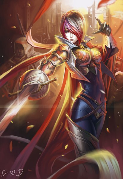 Anime picture 1300x1890 with league of legends fiora (league of legends) dantewontdie tall image fringe short hair signed silver hair multicolored hair grey hair hair over one eye girl gloves weapon petals armor hood bodysuit epee