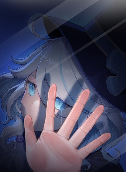 Anime picture 2636x3592 with genshin impact furina (genshin impact) zx961219 single tall image highres short hair blue eyes silver hair upper body ahoge tears shaded face against glass girl hat