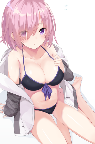 Anime picture 944x1423 with fate (series) fate/grand order mash kyrielight huuyu single tall image looking at viewer fringe short hair breasts light erotic simple background large breasts white background sitting purple eyes pink hair from above hair over one eye arm support
