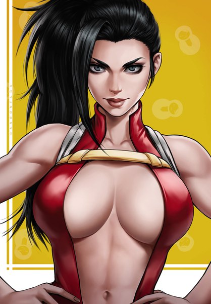 Anime picture 800x1147 with boku no hero academia studio bones yaoyorozu momo dandon fuga single long hair tall image looking at viewer breasts light erotic black hair simple background large breasts bare shoulders upper body ponytail fingernails lips realistic grey eyes