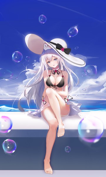 Anime picture 5408x8987 with original zhongwu chahui single long hair tall image looking at viewer fringe highres breasts open mouth blue eyes light erotic smile hair between eyes large breasts sitting bare shoulders absurdres sky cleavage