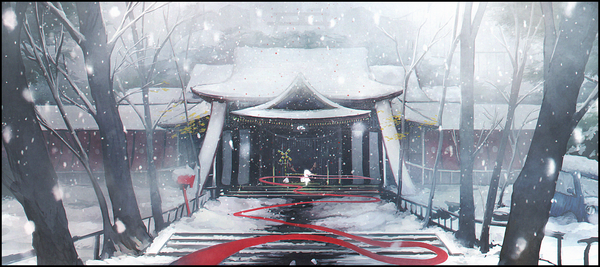 Anime picture 1694x756 with original otukimi wide image standing outdoors wind blurry magic snowing winter snow framed scenic bare tree ambiguous gender ribbon (ribbons) plant (plants) tree (trees) leaf (leaves) building (buildings)