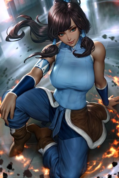 Anime picture 2400x3597 with avatar: the legend of korra korra nudtawut thongmai single long hair tall image fringe highres breasts black hair smile large breasts sitting looking away full body bent knee (knees) ponytail aqua eyes wind realistic