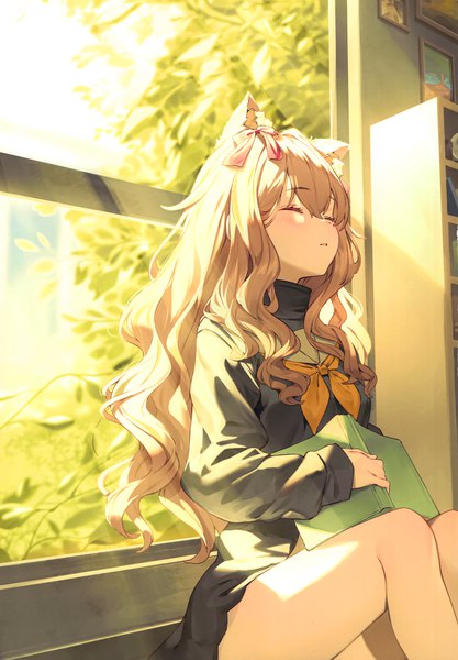 Anime picture 2406x3464 with original melonbooks nyum single long hair tall image blush fringe highres hair between eyes brown hair sitting signed animal ears bent knee (knees) indoors eyes closed long sleeves sunlight cat ears