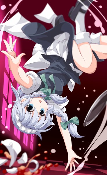 Anime picture 736x1200 with touhou izayoi sakuya ruu (tksymkw) single long hair tall image looking at viewer fringe twintails silver hair full body bent knee (knees) blurry :o shadow maid depth of field short twintails spread arms checkered floor