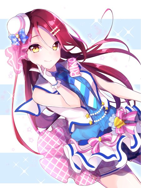 Anime picture 1001x1334 with love live! sunshine!! sunrise (studio) love live! sakurauchi riko goroo (eneosu) single long hair tall image looking at viewer blush fringe simple background hair between eyes standing bare shoulders yellow eyes red hair light smile inscription bare legs