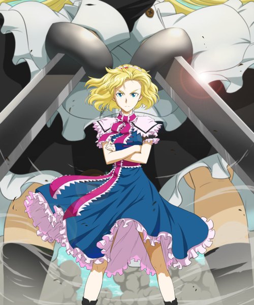 Anime picture 1100x1320 with touhou alice margatroid hop-step-jump tall image short hair blue eyes blonde hair wind crossed arms girl dress sword