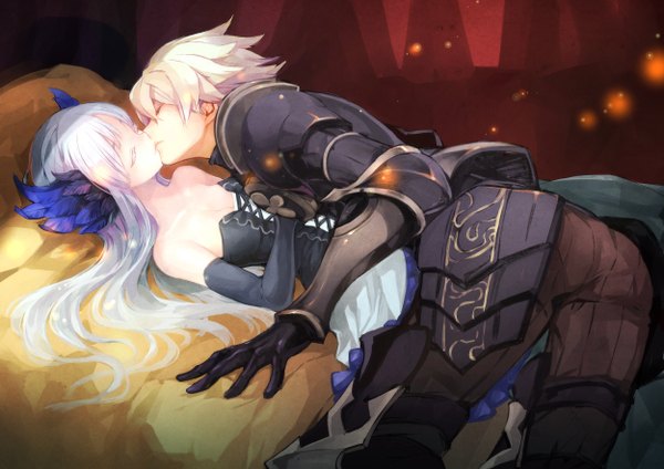 Anime picture 2500x1768 with odin sphere vanillaware gwendolyn oswald gin (oyoyo) long hair fringe highres short hair breasts light erotic hair between eyes bare shoulders payot cleavage silver hair white hair lying eyes closed profile