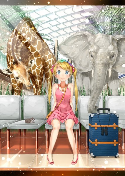 Anime picture 1075x1518 with original pyz (cath x tech) long hair tall image blush blue eyes blonde hair smile sitting twintails girl plant (plants) animal bag sundress suitcase giraffe elephant hedgehog
