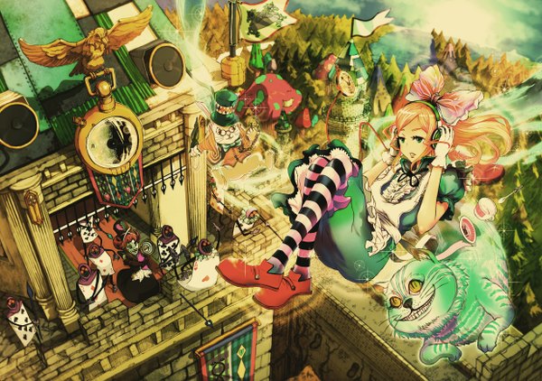 Anime picture 2480x1748 with alice in wonderland alice (alice in wonderland) white rabbit cheshire cat queen of hearts wyx2 long hair highres short hair open mouth smile brown hair multiple girls green eyes yellow eyes orange hair teeth maid striped hand on head