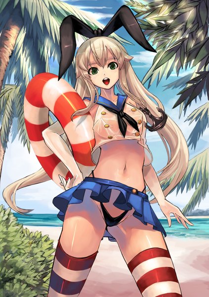 Anime picture 2362x3354 with kantai collection shimakaze destroyer qbspdl single long hair tall image highres open mouth light erotic blonde hair twintails green eyes beach girl thighhighs gloves navel underwear panties bow