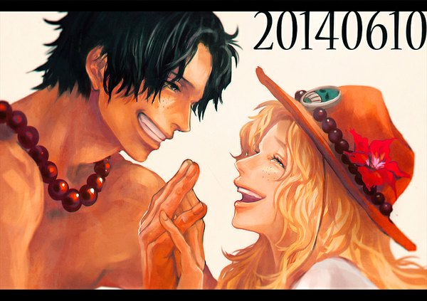 Anime picture 892x629 with one piece toei animation portgas d. ace portgas d rouge tsuyomaru long hair short hair blonde hair smile fingernails face to face eye contact freckles shirtless girl boy flower (flowers) hat beads