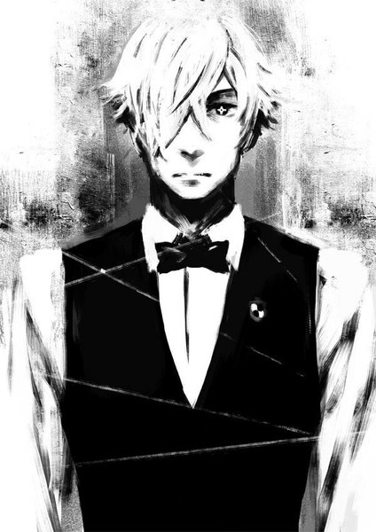 Anime picture 600x849 with death parade madhouse decim (death parade) penguin frontier single tall image looking at viewer fringe short hair hair over one eye symbol-shaped pupils monochrome + + boy shirt bowtie vest