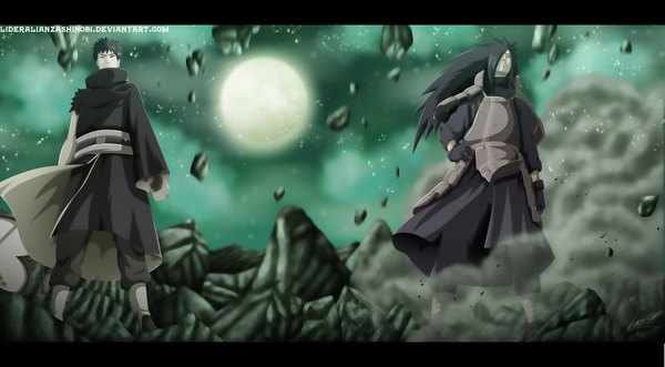 Anime picture 2712x1500 with naruto studio pierrot naruto (series) uchiha madara uchiha obito tobi lideralianzashinobi long hair fringe highres short hair black hair wide image cloud (clouds) hair over one eye night grey eyes night sky hand on hip coloring